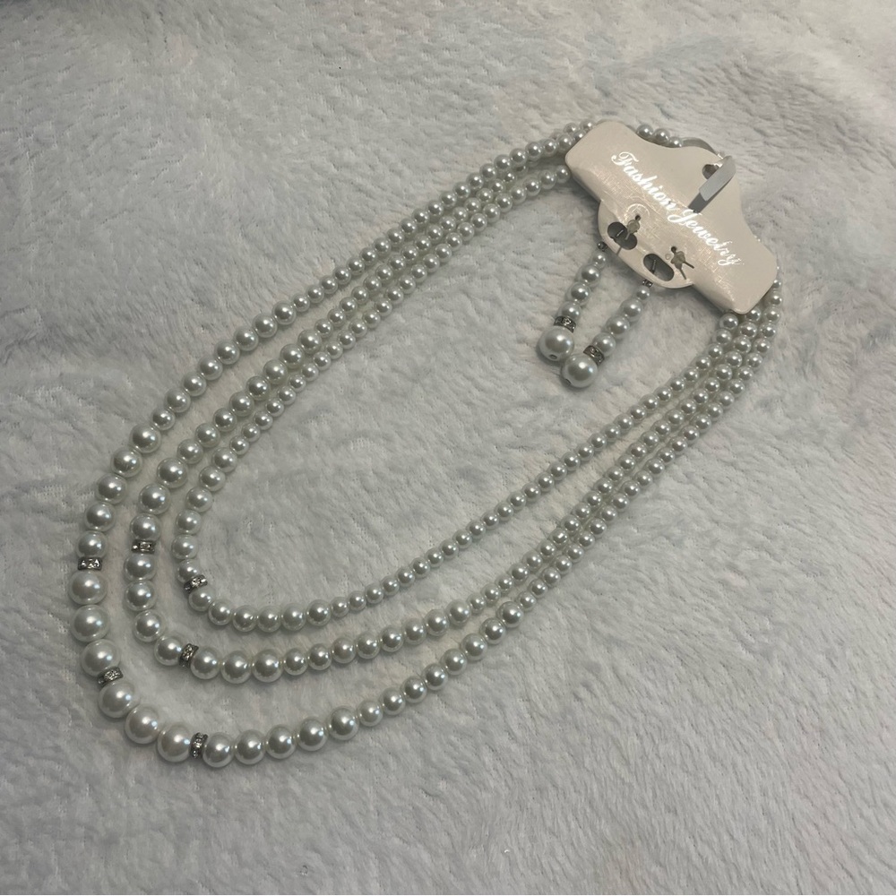 Faux Pearl Necklace And Drop Earrings Set With Jewels 3 Tiered Fashion Jewelry